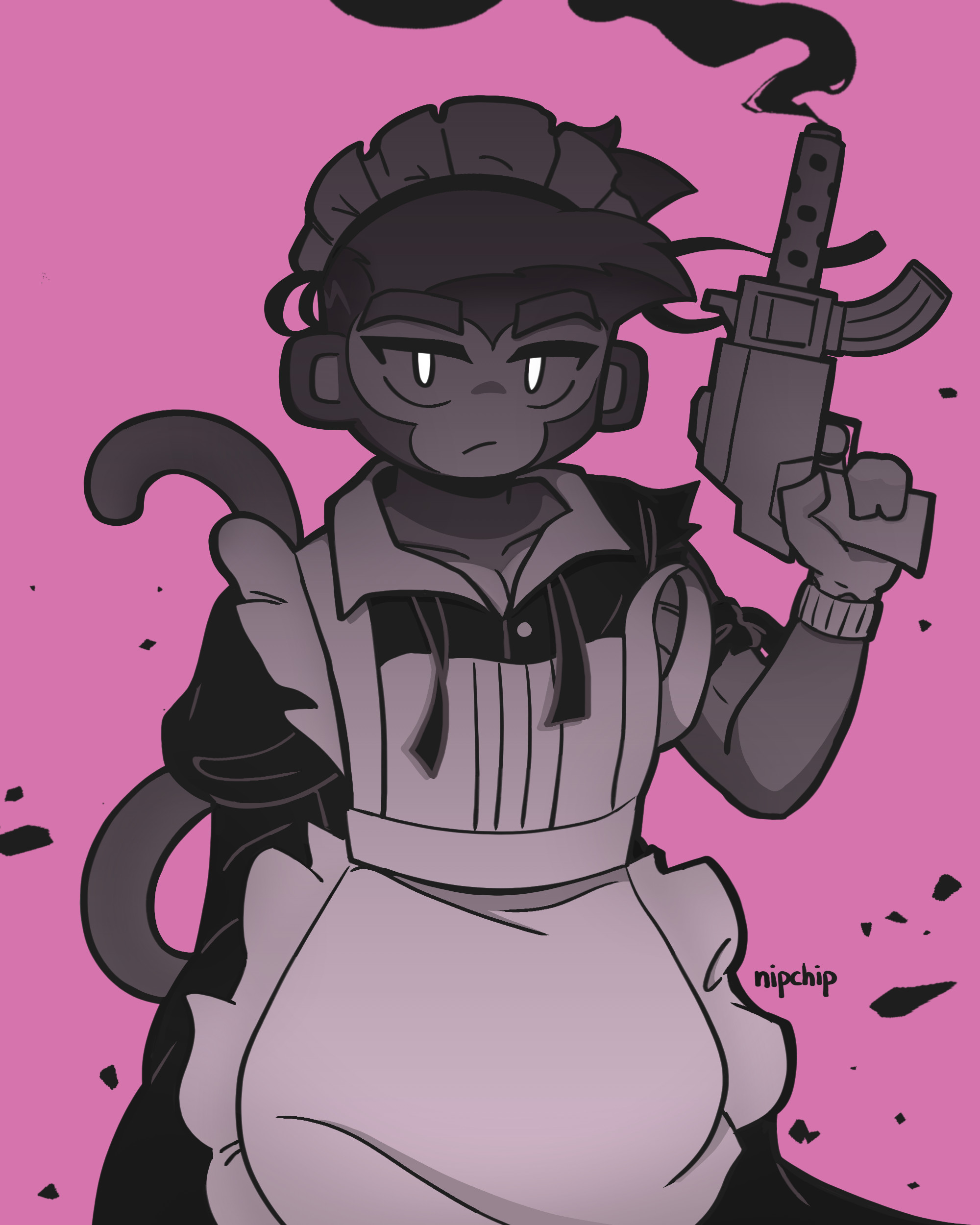 Jericho in a maid uniform, with a piercing gaze and one of his level 20 handguns in his left hand. One of the uniform's sleeves has been torn off (similar to Jericho's level 20 Battles 2 outfit). A heavy amount of smoke is pouring out from the gun barrel.